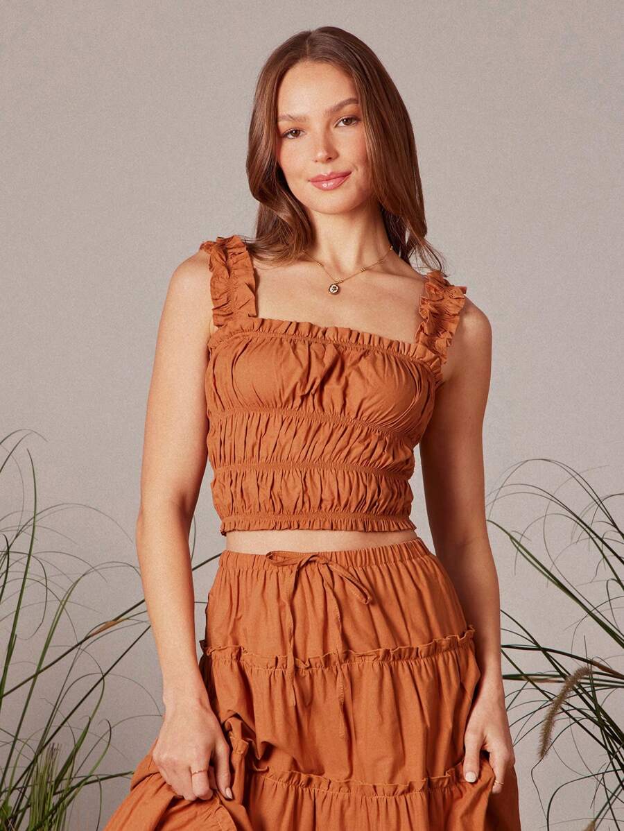 WESTFADE 100% Cotton Square Neck Smocked & Ruffled Cropped Tank Top Spring Summer Beach Vacation - Brown - View 1