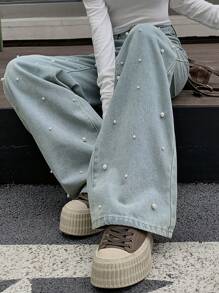 FRIFUL Jeans de pierna ancha casual y desgastados decorados con perlas para mujeres