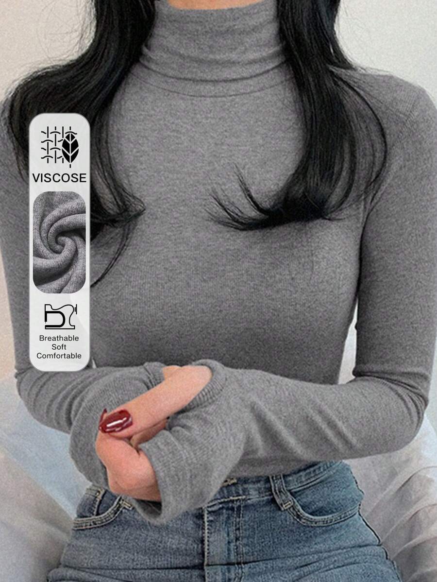 DAZY 女士休闲纯色高领长袖修身T恤，秋季女装 - 灰色 - 查看 1