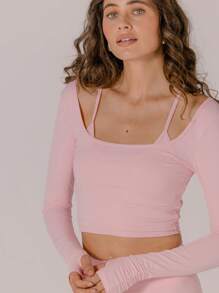 Aralina 休闲服分层运动短款上衣吊带背心和长袖短款上衣，带褶皱袖子细节两件套 - 粉色 - 查看 1