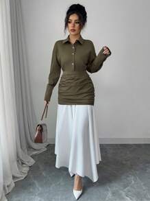 Elenzga 女士卡其色和白色对比拼接长袖不对称领连衣裙 - 綠色 - 查看 1