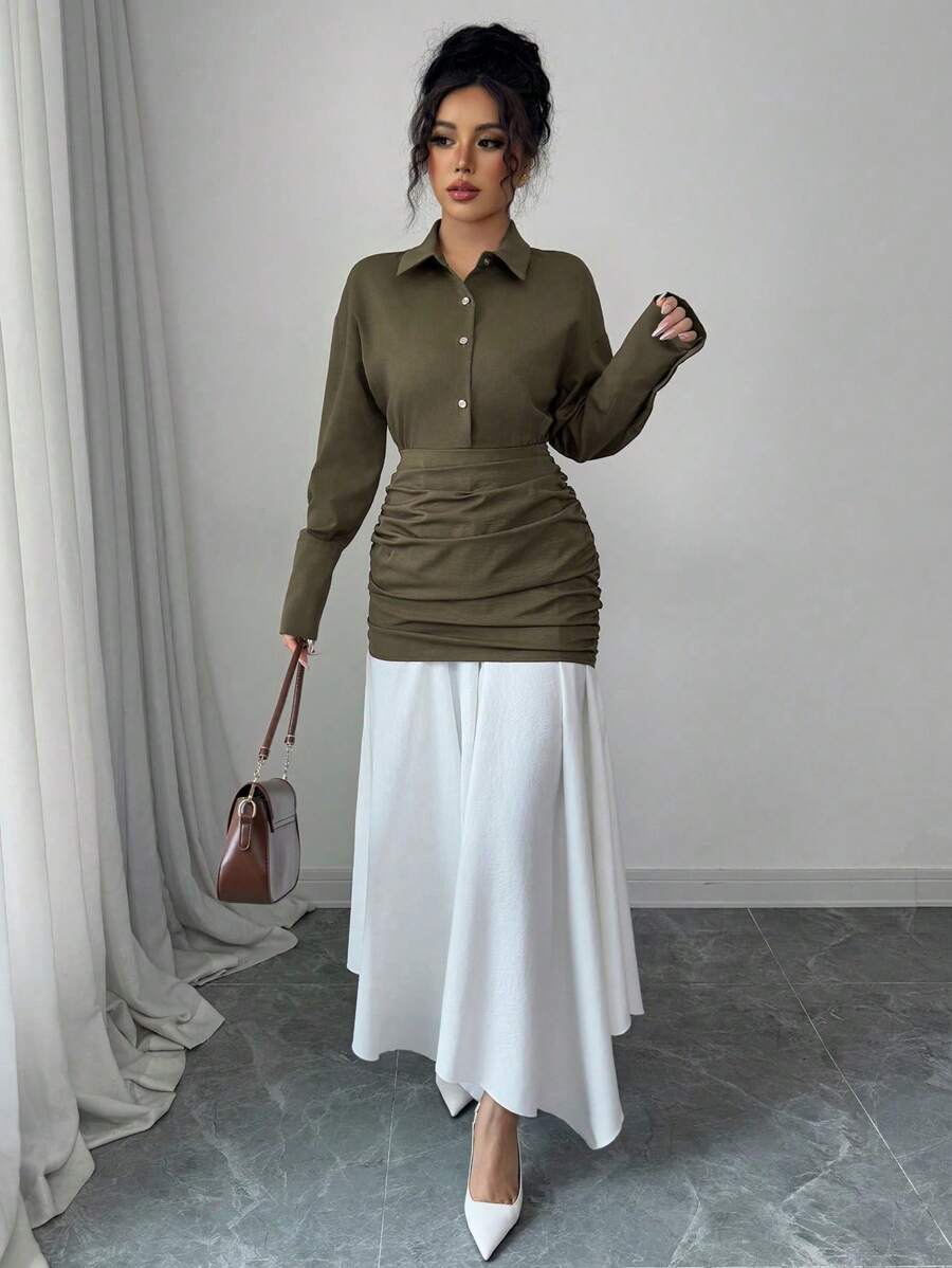 Elenzga 女士卡其色和白色对比拼接长袖不对称领连衣裙 - 綠色 - 查看 1