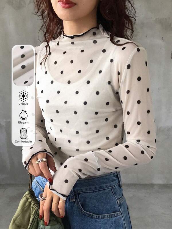 FRIFUL Damen Herbst Bluse mit Rüsche-Kragen, Langarm, Polka Punkt, durchscheinend