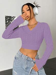 SHEIN Unity Sweater Pullover Kasual Wanita Lengan Panjang Leher V, Pullover Rajut Musim Gugur/Dingin - Purple - View 3