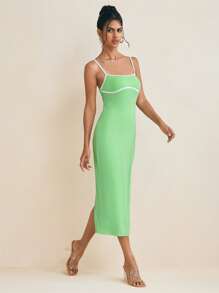 FLOW X Designer Mint Green Contrast Spaghetti Straps And Tape Bodycon Midi Prom Dress Spring And Summer, Concert Outfit - Mint Green - View 4