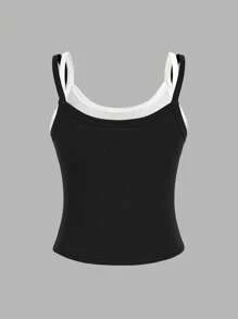 SHEIN Tween Girls 2 In 1 Crop Top Black And White Patchwork Knitted Tank Top - Black - View 2