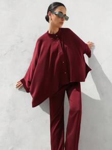 Aveloria Modichic طقم سكارف أنجورا مربع مع تصميم الأكمام والحواف المنفصل، فضفاض للنساء مع قطعتين عصري للحفلات الفاخرة - عنابي اللون - مشاهدة 4