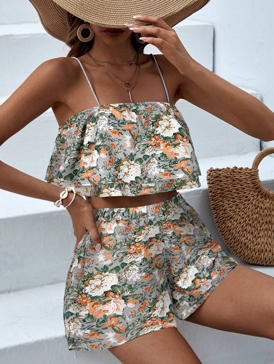 SHEIN VCAY 2pcs Women Vacation Casual Floral Print Camisole And Shorts Set - Green - View 1