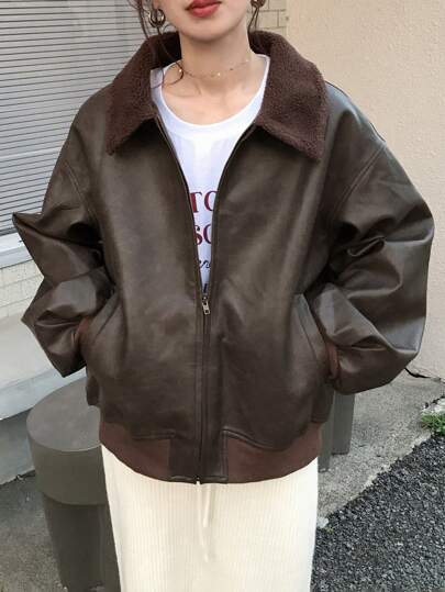 FRIFUL Women's Long Sleeve Jacket With Front Zipper, Pockets, And Faux Shearling Collar Splice Fall,Winter