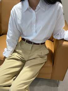 DAZY Solid Button Front Shirt,Long Sleeve Tops - White - View 7