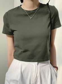 Dazy-Less 纯色圆领短款T恤，复古风夏季商务休闲女士工作服 - 軍綠色 - 查看 6