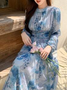 DAZY Vestido de manga larga ajustado a la cintura con estampado floral aleatorio y volantes para mujer