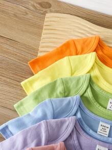 SHEIN 7pcs/Set Newborn Baby Girls' Cute Solid Color Knit Short Sleeve Bodysuit, Summer - Orange - View 3