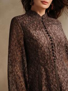 Anewsta Women's Floral Lace Stand Collar Long Sleeve Elegant Spring Mini Dress