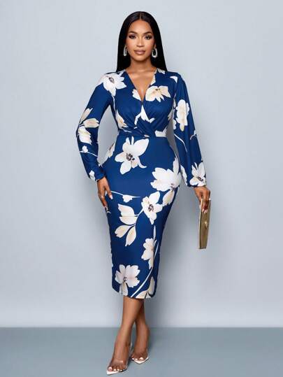 SOLERSUN 2025 Women's Spring And Summer Fashion Commuting Business Elegant Sexy Valentine's Day Wedding Season Party Music Festival Beach Seaside Vacation Romantic Date Elegant Large Floral V-Neck Wrap Waist Women's Knee-Length Blue Dress (Random Floral) Fall Women Clothes Winter Women Clothes Homecoming Dress Thanksgiving Women Outfit Back To School Clothes Teacher Outfits