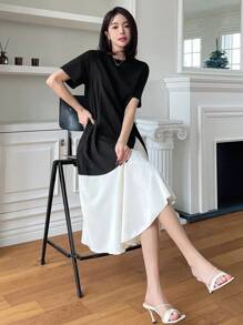 DAZY Đầm suông màu viền bất đối xứng cho nữ - Đen và trắng - Xem 4
