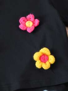 2 Stücke/Set Säugling/Kleinkind Mädchen Frühling/Sommer Lässig Modisch Süß Farbig 3D Blumen Dekor Weicher Strick Kurzarm Rundhals T-Shirt Top und Loose Shorts Outfit, 1-3 Jahre alt, Schwarz, Komfortabler Stylischer OOTD
