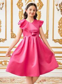 Tween Girls' Elegant Vintage Palace Style Layered Ruffle V-Neck Dress, Ramadan - Hot Pink - View 5