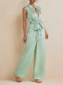 ODELIAR Designer Green Deep V Wide Leg Elegant Fashion Jumpsuit With Removable Belt For Spring And Summer Vacation, Spring Break, Ibiza Fits - Green - View 3