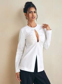 FLOW X Designer White Teardrop-Shaped Hollow Slit Casual Top Spring Summer Tops Women Casual White Shirts - White - View 3