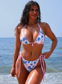Swim SXY Women Summer Digital Print Beachwear 2pcs Bikini Set With Shoulder Straps, Pink & Polka Dot Pattern