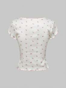 ROMWE Kawaii 夏季休闲碎花弹力修身系带蝴蝶结宽松 T 恤，适合女士度假和海滩 - 白色 - 查看 11