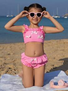 SHEIN 2pcs/Set Young Girl Cute Pink Swimwear, Bowknot 3D Flower Strap Ruffled Shorts - Pink - View 3