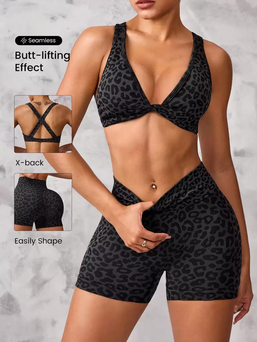 Easithlete Bộ đồ thể thao tập luyện cho nữ gồm 2 áo ngực và quần short thắt nút họa tiết da báo - Nhiều màu - Xem 1