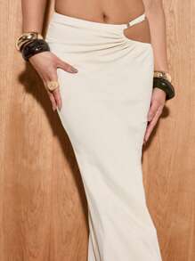 AiiRZ 长款鱼尾紧身裙及地镂空侧裙正式晚会婚礼宾客特殊场合优雅秋冬时尚 - 米色 - 查看 6