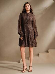 Anewsta Women's Floral Lace Stand Collar Long Sleeve Elegant Spring Mini Dress