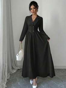 Selianne Vestido largo de manga larga con cuello, corte evasé, de alta gama para mujeres, vestido largo de mujer para otoño/invierno - Negro - Ver 6