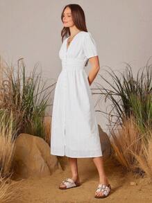 WESTFADE Embroidered Woven V-Neck Puff Sleeve Button Front Midi Dress - White - View 4