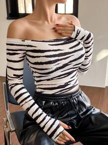 DAZY 女士斑马纹露肩修身百搭T恤黑白春夏长袖女上衣短款女上衣 - 黑與白 - 查看 6