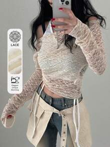 DAZY 女士蕾丝透视斜肩衬衫，春夏季节日长袖女士上衣，秋季女士服装 - 杏色 - 查看 8