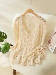 SHEIN Frenchy Plus Size Casual Vacation Hollow-Out Knitted Sleeveless Pullover Sweater Fall/Winter - Apricot - View 1