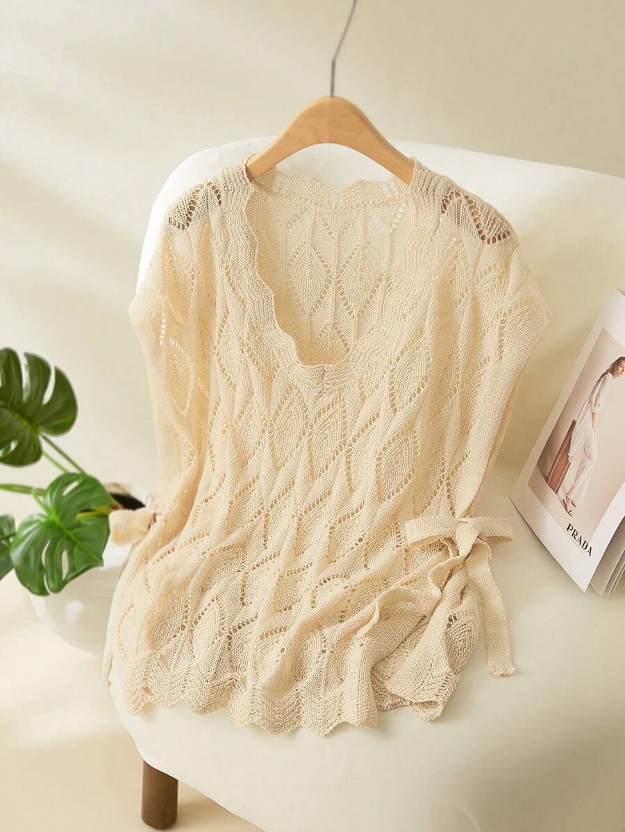 SHEIN Frenchy Plus Size Casual Vacation Hollow-Out Knitted Sleeveless Pullover Sweater Fall/Winter - Apricot - View 1