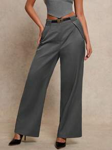 Glamine Pantalones casuales de oficina rectos y anchos con bolsillos para mujer - Gris Oscuro - Ver 6