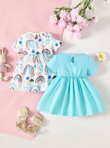 Vestido corto de manga corta con estampado de dibujos animados, casual de verano para niña bebé - Multicolor - Ver 2