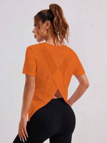 Core Rhythm Camo Contrast Mesh Patchwork Short Sleeve Sports Top, Spring/Summer Gym Women Shirts - Orange - View 3