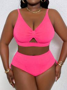 SHEIN Swim Curve Bộ đồ bơi liền thân 2 mảnh màu trơn cỡ lớn cho nữ, thời trang thường ngày đi biển - Màu Hồng Tươi - Xem 4