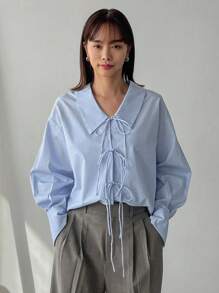 FRIFUL Women's Drop Shoulder Blouse With Front Lace Up Long Sleeve Top - Blue - View 4