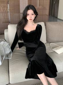 DAZY 女士纯色撞色蕾丝甜心领长袖优雅连衣裙，开学季连衣裙秋冬