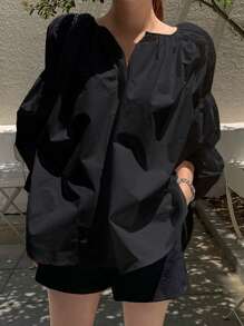 DAZY Women's Simple Solid Color Casual Loose Shirt Long Sleeve Top - Black - View 6