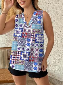Glamance Pamile Women Blue Plus Size Blouses Sleeveless V Neck Boho All Over Print,Floral,Plain, Summer Outfits For Women Summer Tops Going Out
