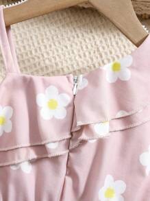 New Fashionable Girls One-Piece Party Outfit, Toddler Young Girl Ruffled Asymmetrical Neck Wide Leg Jumpsuit, Thin High Waist Snug Fit Sleeveless Romper