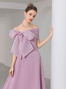 Modelyn Women's Elegant Solid Color Off Shoulder Bowknot Tie-Up Long Dress - Pink - View 3