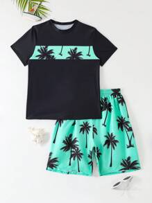 SHEIN Teen Boy Swimwear. Top With Fixed Printing, Bottom With Random Printing. Summer Holiday Boys Teen Swim Set - Boys Swim Trunks With Rash Guard UPF50+ 2 Piece Bathing Suits With Shorts Swimsuit Set