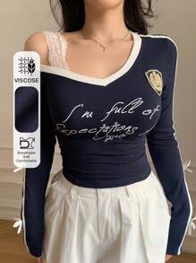 DAZY Gerippter Saum Kontrast Farbblock Schleife Dekor Off-Shoulder Langarm Damen T-Shirt, College Sport Stil, Herbstkleidung