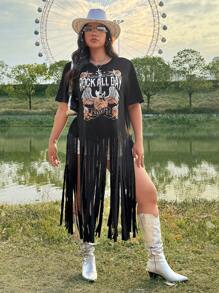 Flirla Festiwal, Boho, Hippie, Cowgirl, Old Money Style Damska letnia nowa jednokolorowa nadrukowana okrągły dekolt frędzlami na dole krótki rękaw luźna koszulka