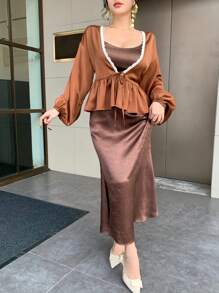 DAZY 2pcs/Set Women Contrast Lace Trim Splice Chiffon Cami Dress & Ruffle Hem Fish Tail Skirt Suits - Brown - View 4